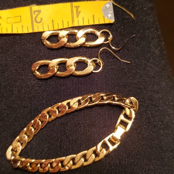 Gold plated Cuban chain by the inch earrings and bracelet set - Picture 2 of 5